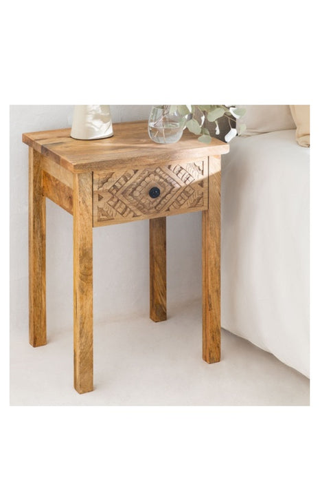 Beistelltisch Mangoholz mit 1 Schublade mit Blumen-Schnitzereien 45x36x60.5cm