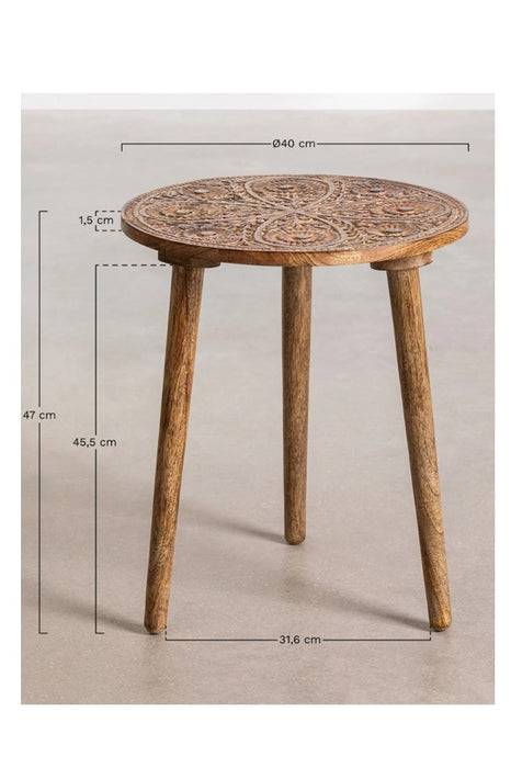 Round side table mango wood mandala carvings 40x40x47cm