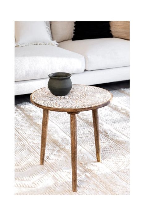 Beistelltisch rund Mangoholz Mehrab-Schnitzereien  45x45x47.5cm