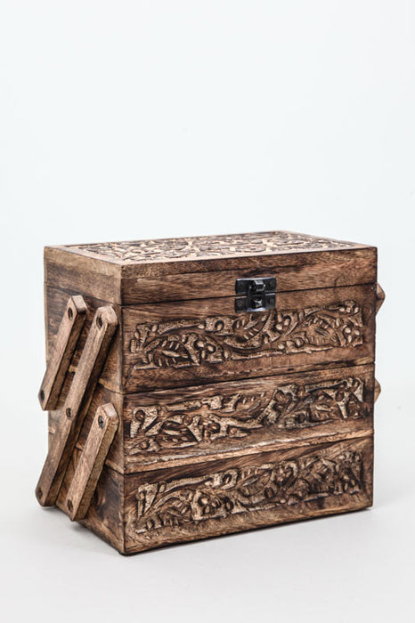 Schmuckschatulle Mangoholz 3-teilig mit Schnitzereien 21.5x21.5x14cm