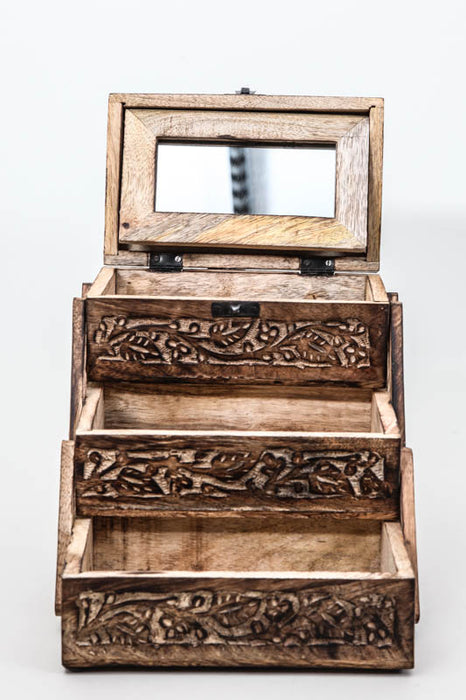 Schmuckschatulle Mangoholz 3-teilig mit Schnitzereien 21.5x21.5x14cm