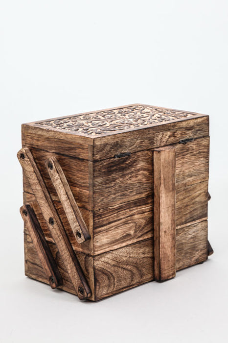 Schmuckschatulle Mangoholz 3-teilig mit Schnitzereien 21.5x21.5x14cm