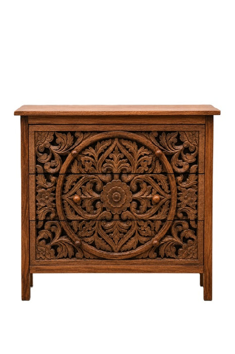 Kommode Mangoholz mit 3 Schubladen und grosser Mandala-Schnitzerei 80x80x35cm