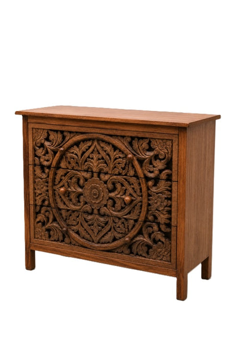 Kommode Mangoholz mit 3 Schubladen und grosser Mandala-Schnitzerei 80x80x35cm