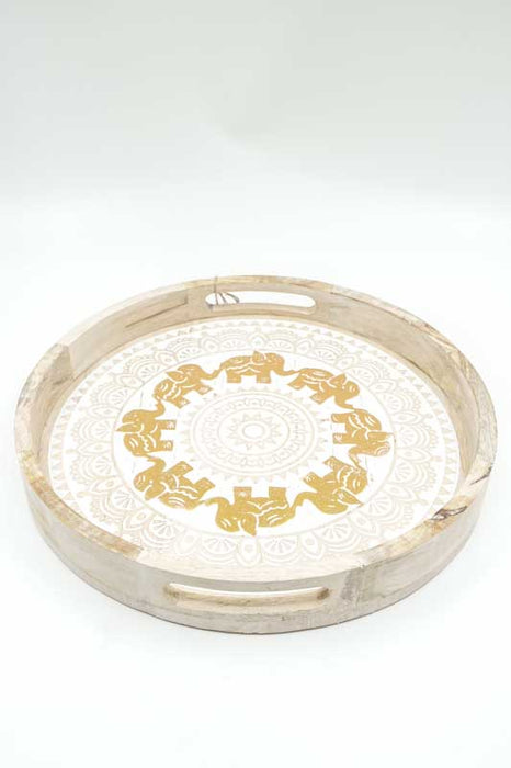 Serviertablett rund Mangoholz Elephanten goldfarben 35x35x5cm