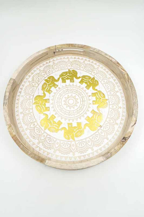 Serviertablett rund Mangoholz Elephanten goldfarben 35x35x5cm