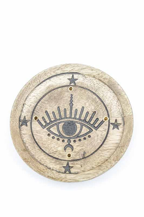 Räucherstäbchenhalter Mangoholz rund Evils Eye 10 cm