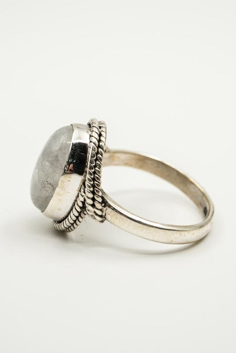 Silver ring rainbow moonstone oval decorated