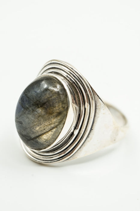 Silver ring with round labradorite, set in multiple rows