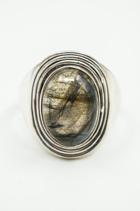 Silver ring with round labradorite, set in multiple rows