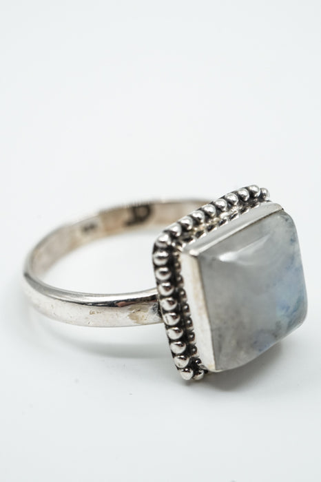 Silver ring rainbow moonstone square ornate setting