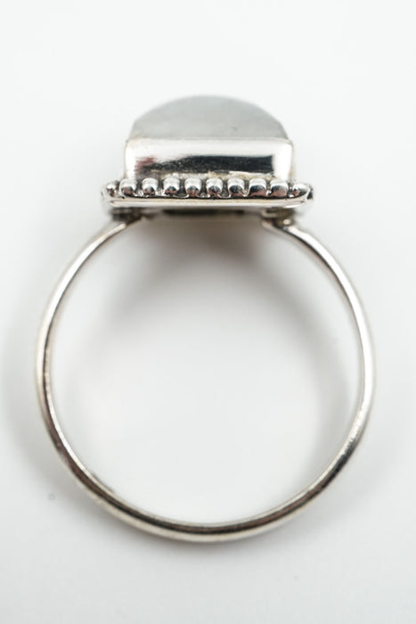 Silver ring rainbow moonstone square ornate setting