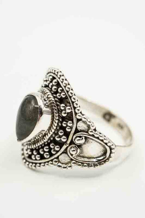 Silver ring with labradorite, teardrop shape, wide setting