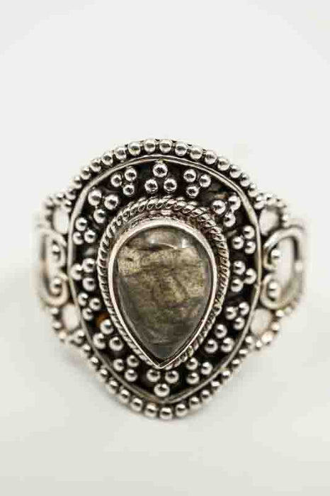 Silver ring with labradorite, teardrop shape, wide setting