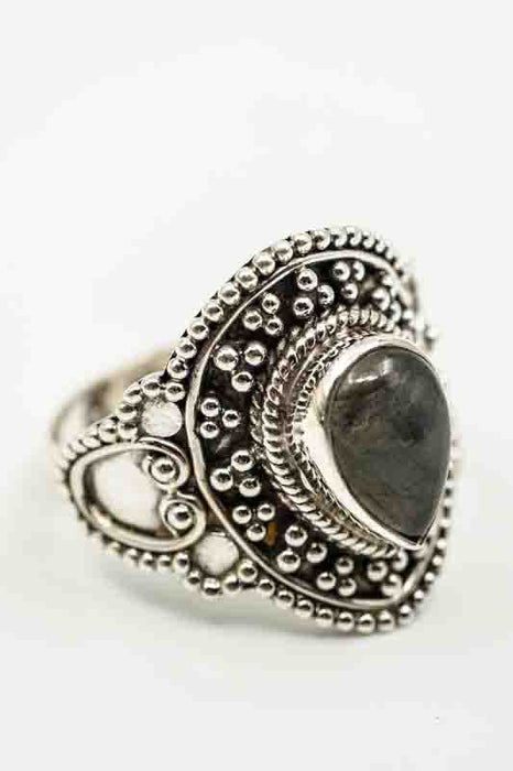 Silver ring with labradorite, teardrop shape, wide setting