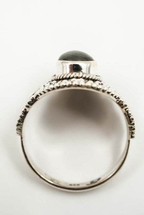 Silver ring with labradorite, teardrop shape, wide setting