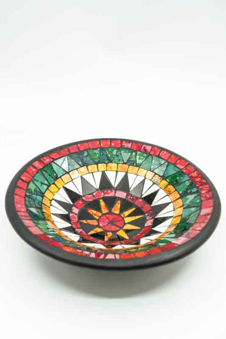 Bol rond en mosaïque, forme de soleil, jaune/rouge/vert/noir, 30 cm