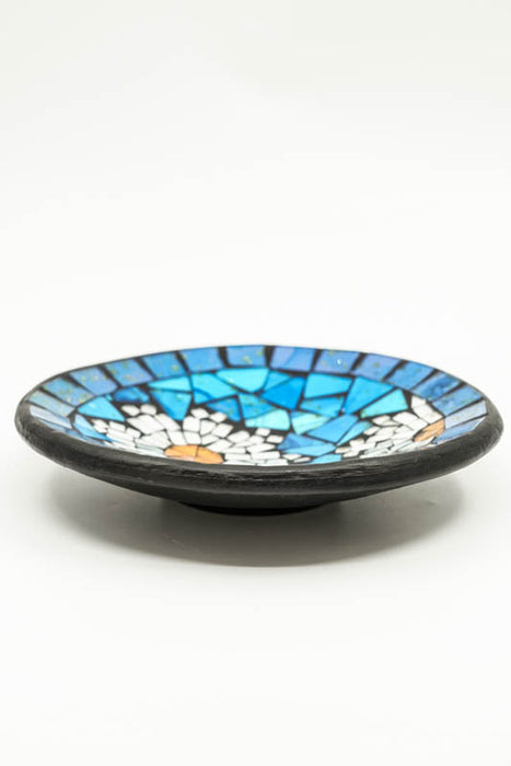 Mosaic bowl, blue, round, flower design, yellow/white/black, 20 cm
