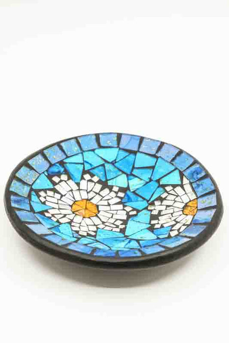 Mosaic bowl, blue, round, flower design, yellow/white/black, 20 cm