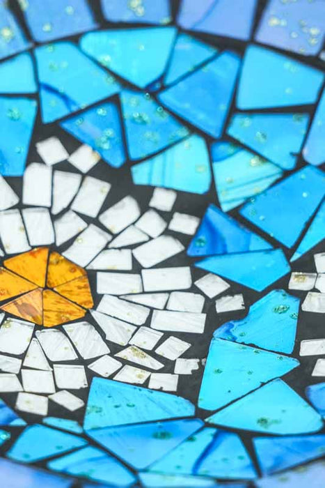 Mosaic bowl, blue, round, flower design, yellow/white/black, 20 cm