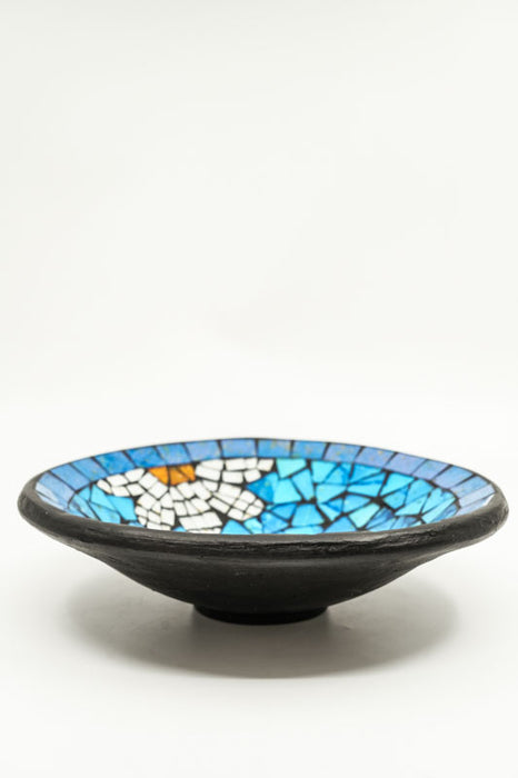 Mosaic bowl, blue, round, flower design, yellow/white/black, 30 cm