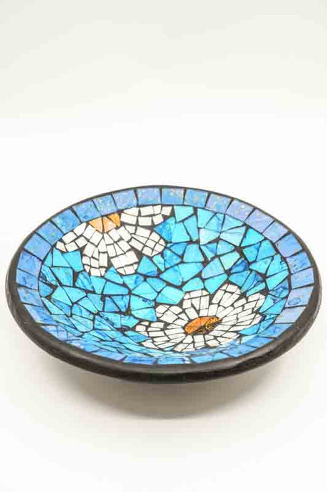 Mosaic bowl, blue, round, flower design, yellow/white/black, 30 cm