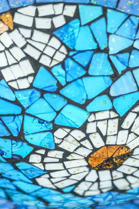 Mosaic bowl, blue, round, flower design, yellow/white/black, 30 cm
