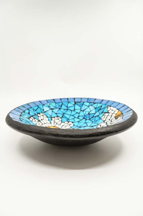 Mosaic bowl, blue, round, flower design, yellow/white/black, 40 cm