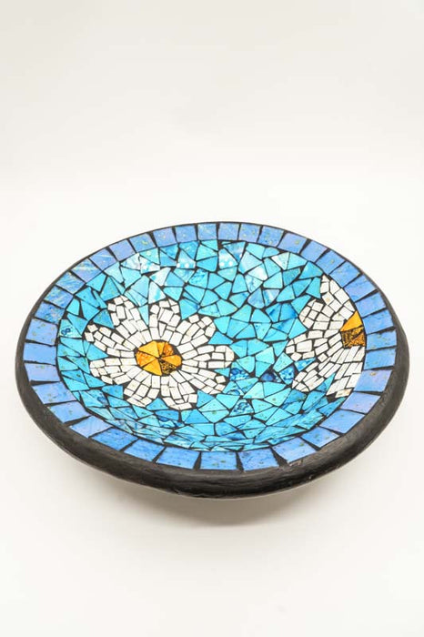 Mosaic bowl, blue, round, flower design, yellow/white/black, 40 cm