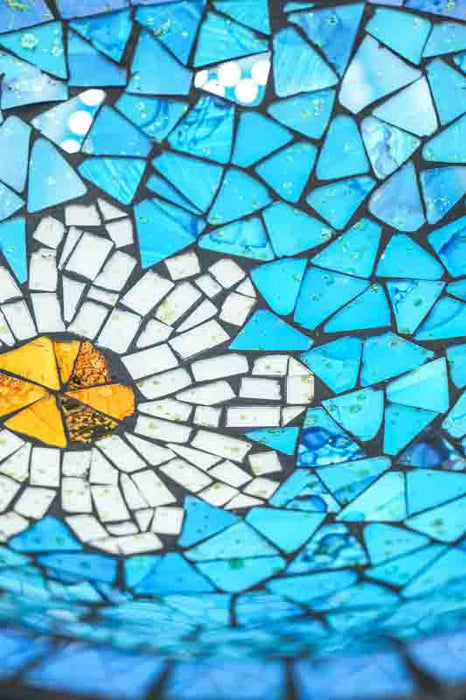Mosaic bowl, blue, round, flower design, yellow/white/black, 40 cm