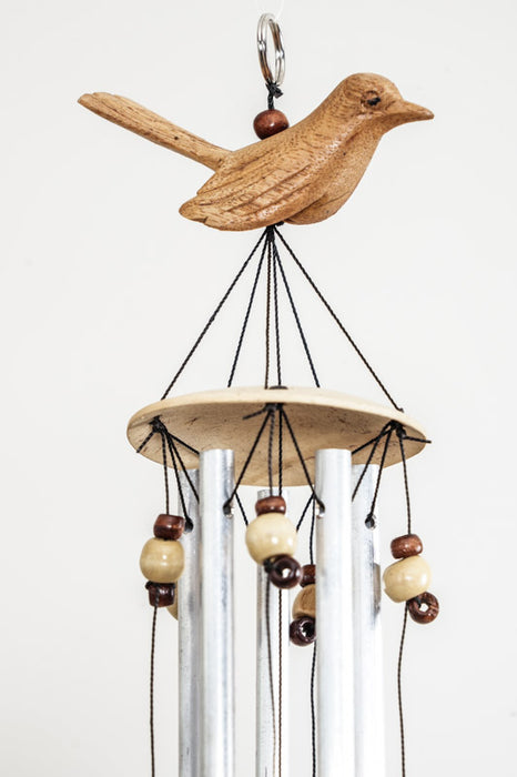 Wind chime with metal rods and bird