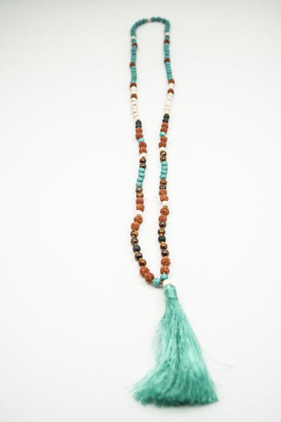 Collier Rudraksha/Turquoise/Howlite/Œil de tigre/Pierre de lave avec pompon turquoise