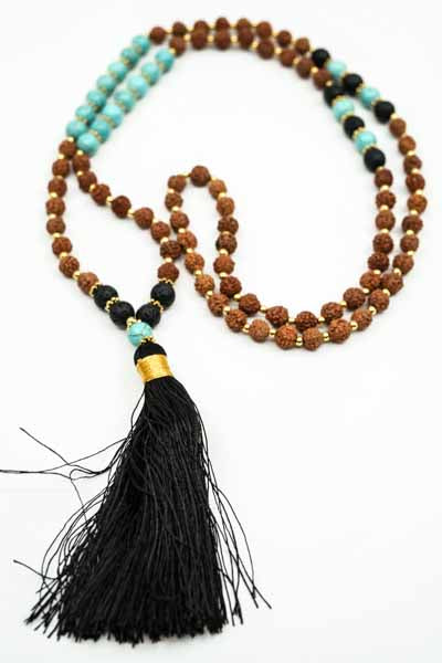 Collier Rudraksha/Turquoise/Pierre de lave avec pompon noir