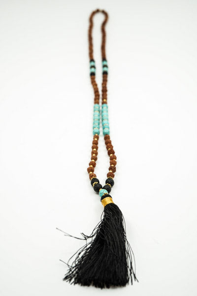 Collier Rudraksha/Turquoise/Pierre de lave avec pompon noir