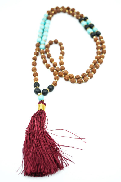 Kette Rudraksha/Türkis/Lavastein mit Tassel bordeaux