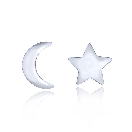 Silver stud earrings: crescent moon & star