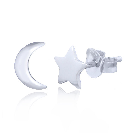 Silver stud earrings: crescent moon & star