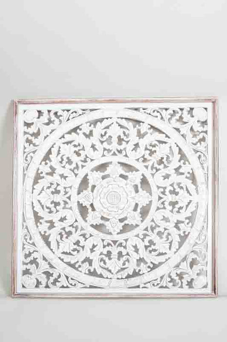 Square wall decoration with flower, white wash, 80x80 cm