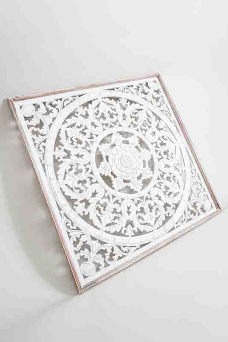 Square wall decoration with flower, white wash, 80x80 cm