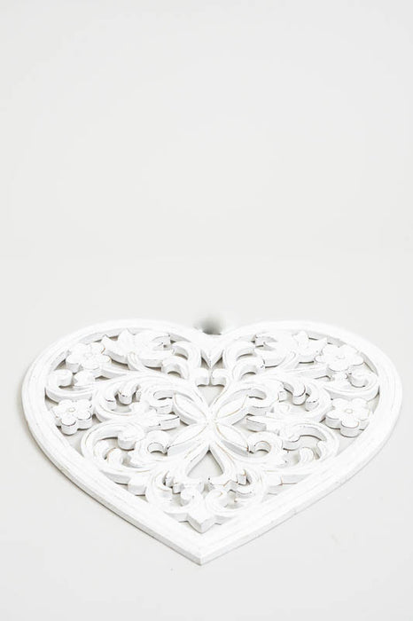 Wall decoration heart, flowers and leaves, white wash, 30 cm