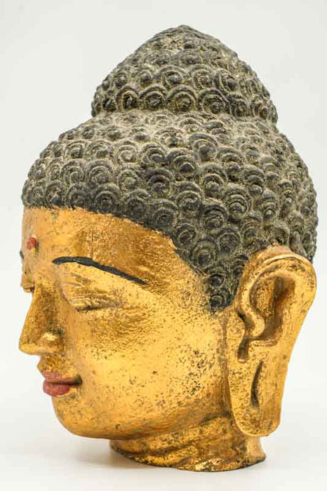 Tête de Bouddha, couleur or, 20 cm