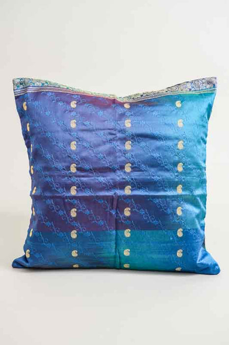 Sari cushion cover, blue/turquoise/gold, 40x40cm