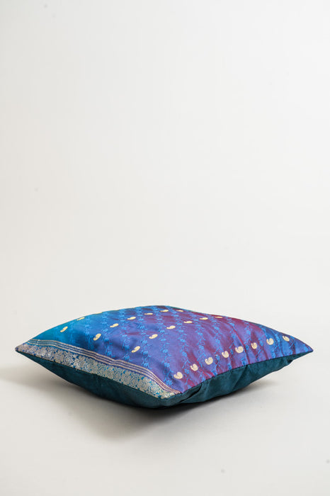 Sari cushion cover, blue/turquoise/gold, 40x40cm