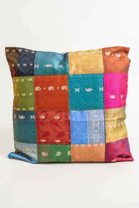 Housse de coussin patchwork sari, multicolore/dorée, 40x40cm
