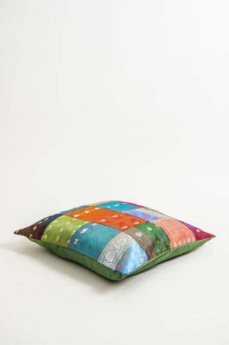 Housse de coussin patchwork sari, multicolore/dorée, 40x40cm