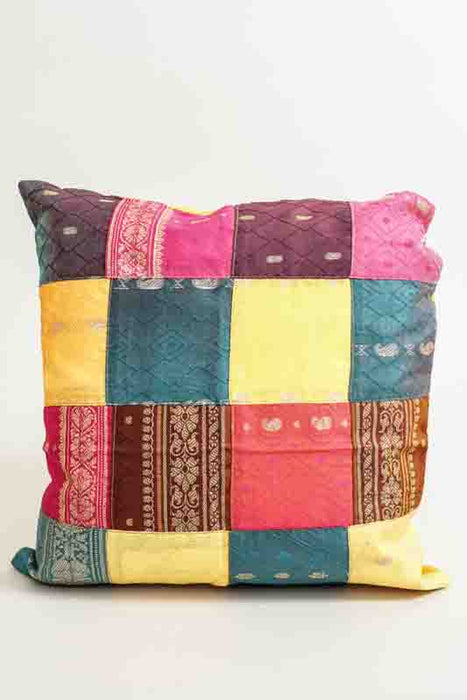 Housse de coussin patchwork sari, multicolore/dorée, 40x40cm