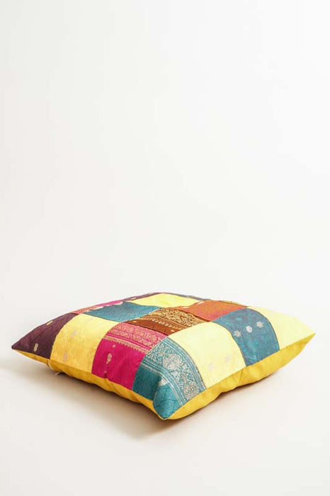 Housse de coussin patchwork sari, multicolore/dorée, 40x40cm