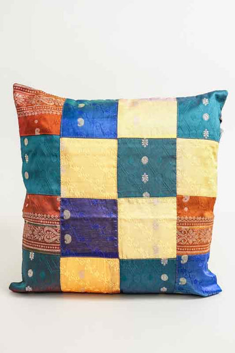 Housse de coussin patchwork sari, multicolore/dorée, 40x40cm