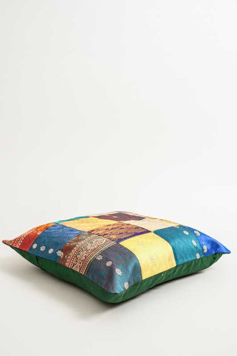 Housse de coussin patchwork sari, multicolore/dorée, 40x40cm