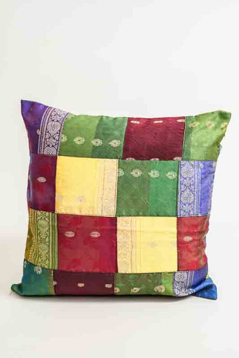 Housse de coussin patchwork sari, multicolore/dorée, 40x40cm